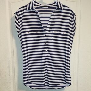 New York & Company Navy and White Striped Blouse